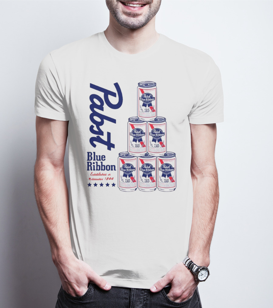 Pabst Blue Ribbon Beer Can Pyramid Established 1844 T-Shirt