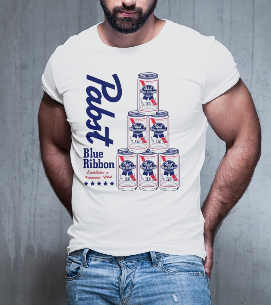 Pabst Blue Ribbon Beer Can Pyramid Established 1844 T-Shirt