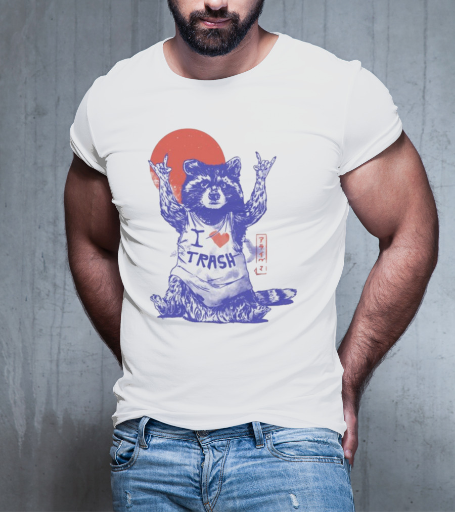 Wickedclothes I Love Trash Raccoon Rock Gesture Red Moon T-Shirt