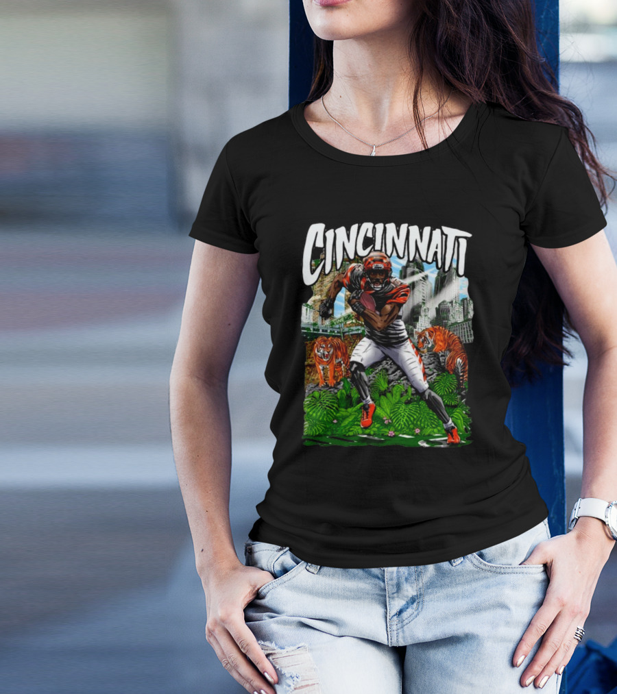 Cincinnati Jungle Football Player With Tigers And City Skyline T-Shirt