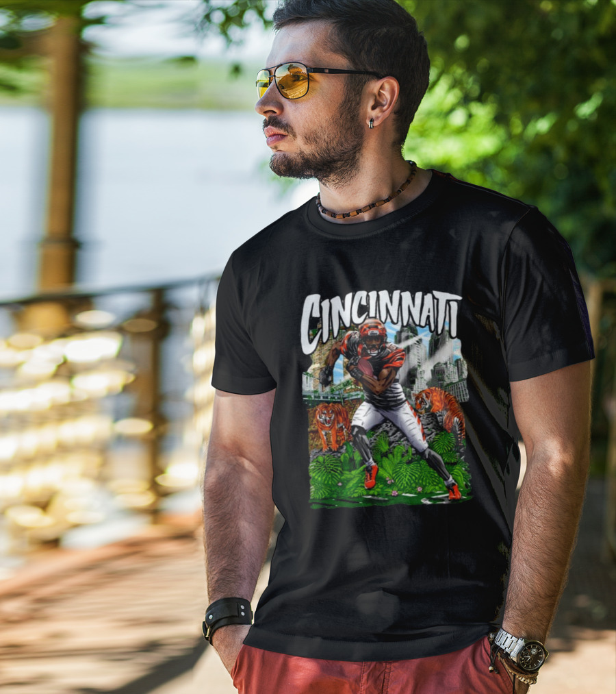 Cincinnati Jungle Football Player With Tigers And City Skyline T-Shirt