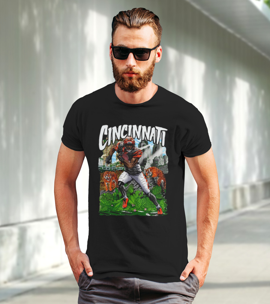Cincinnati Jungle Football Player With Tigers And City Skyline T-Shirt