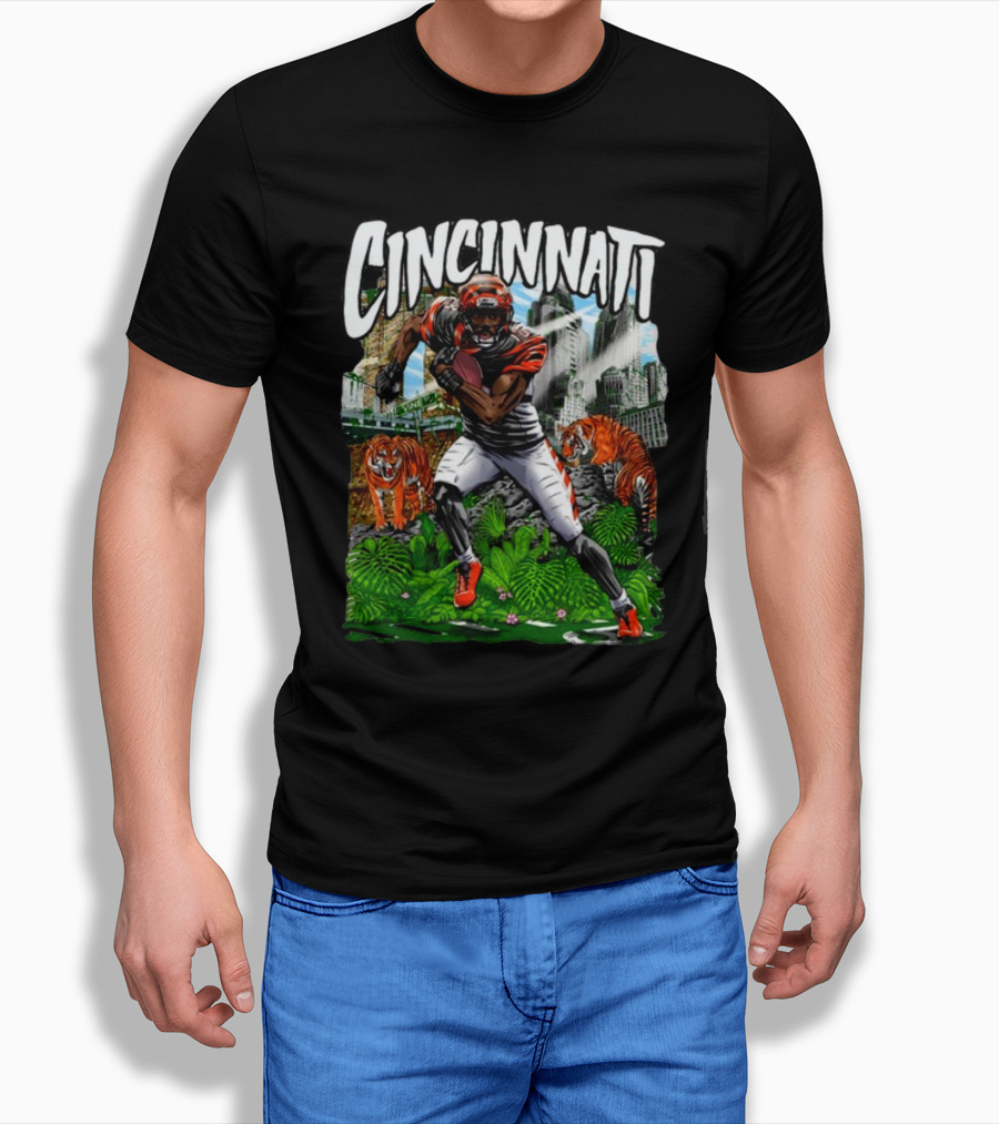 Cincinnati Jungle Football Player With Tigers And City Skyline T-Shirt