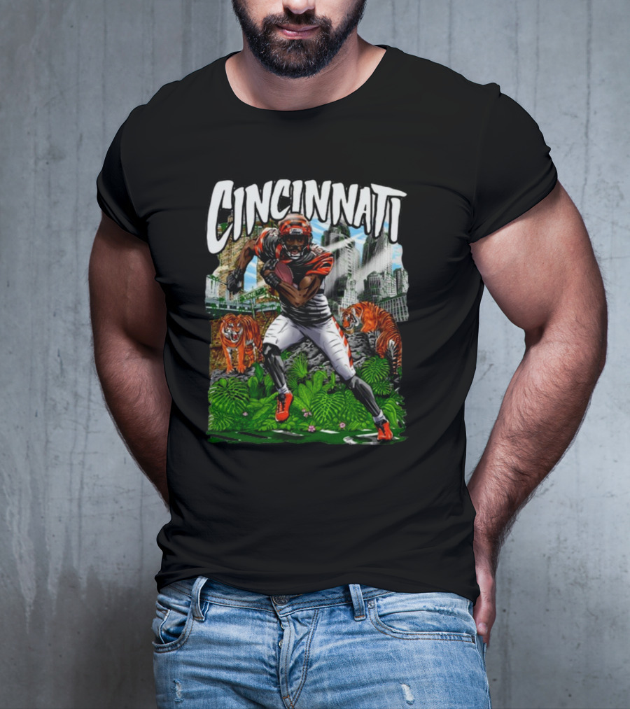 Cincinnati Jungle Football Player With Tigers And City Skyline T-Shirt