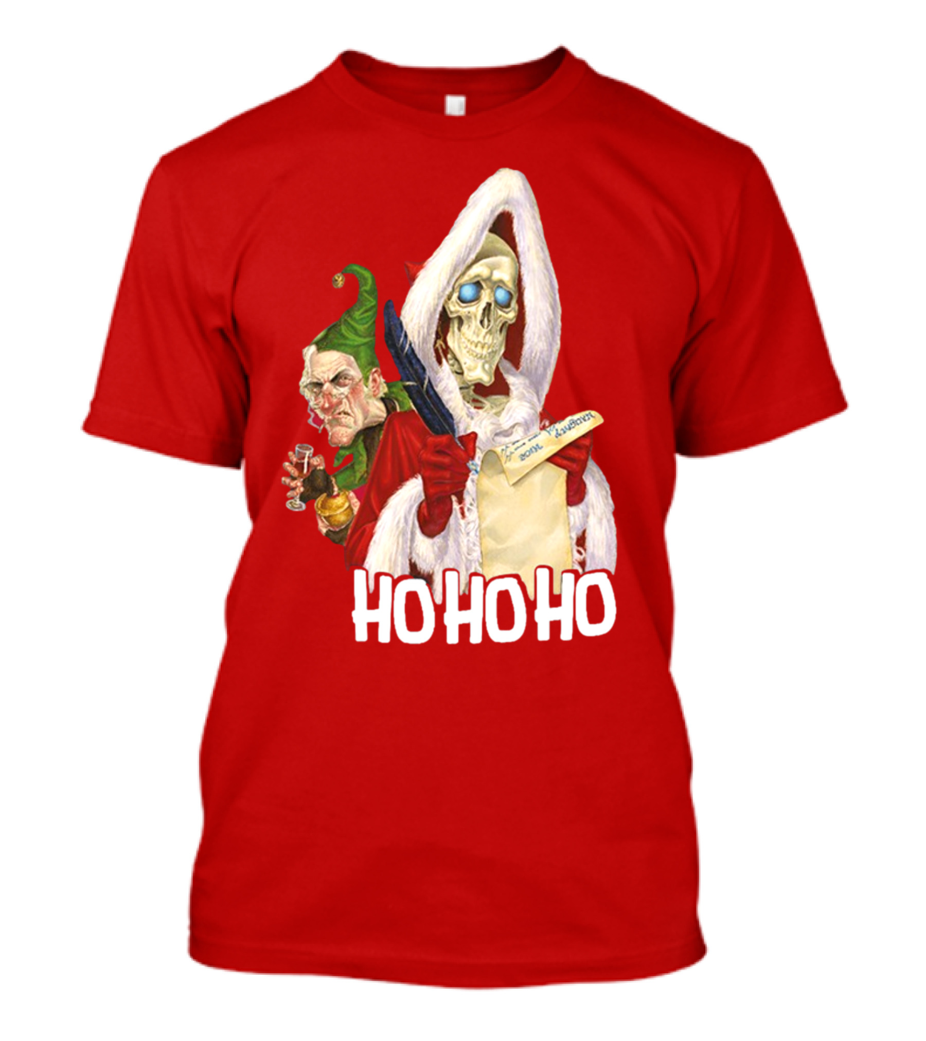 Ho Ho Ho Death With Albert Hogs Santa Skeleton And Elf T-Shirt