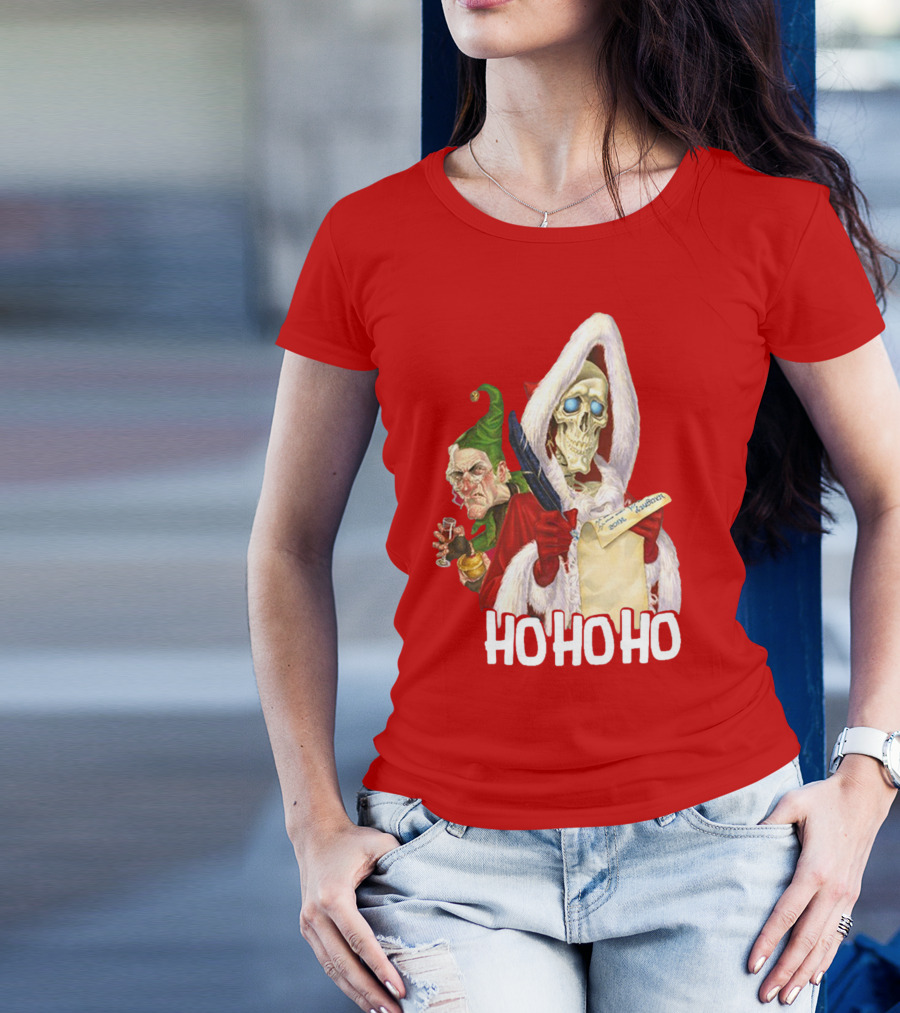 Ho Ho Ho Death With Albert Hogs Santa Skeleton And Elf T-Shirt