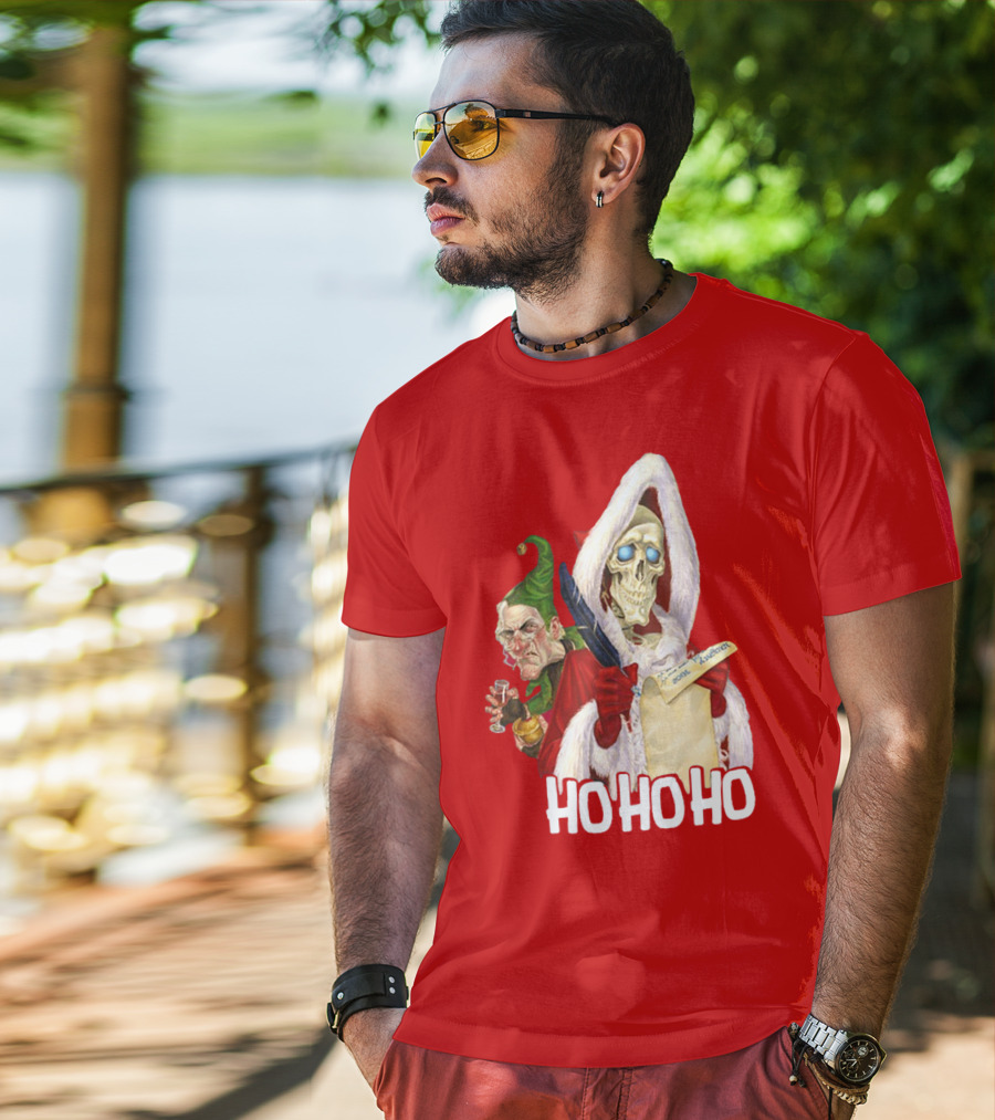 Ho Ho Ho Death With Albert Hogs Santa Skeleton And Elf T-Shirt