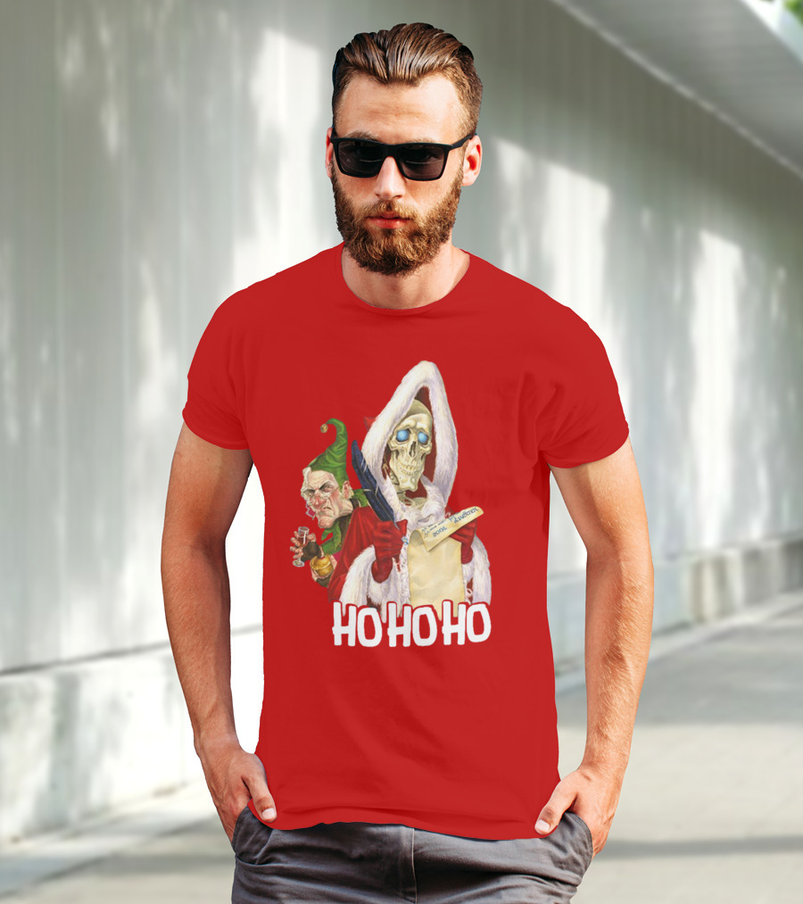 Ho Ho Ho Death With Albert Hogs Santa Skeleton And Elf T-Shirt