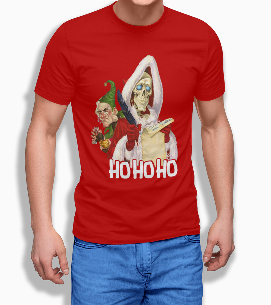 Ho Ho Ho Death With Albert Hogs Santa Skeleton And Elf T-Shirt