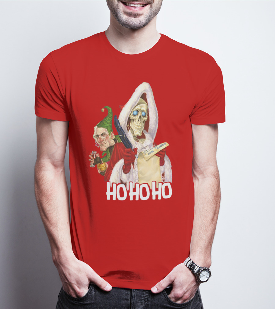 Ho Ho Ho Death With Albert Hogs Santa Skeleton And Elf T-Shirt