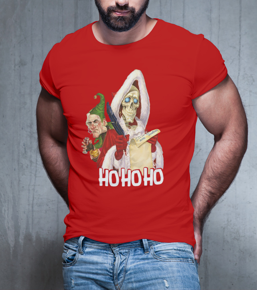 Ho Ho Ho Death With Albert Hogs Santa Skeleton And Elf T-Shirt