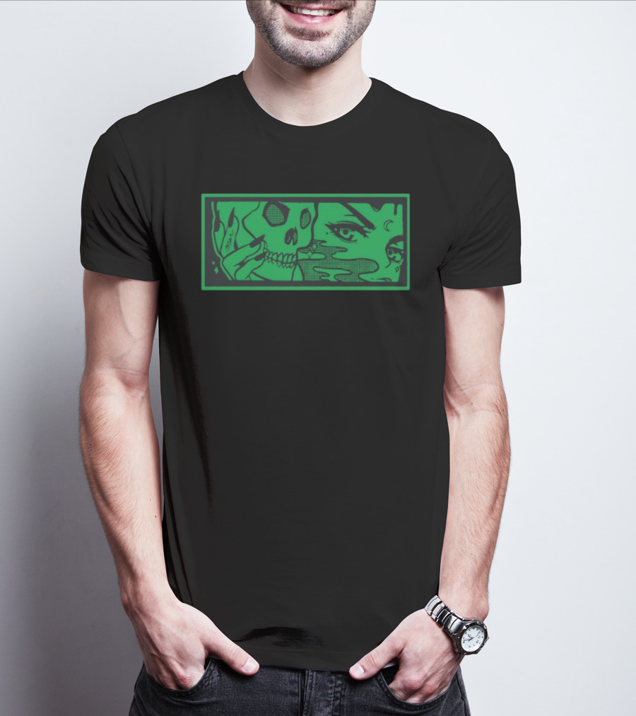 Max Smoking Skull Art Green T-Shirt