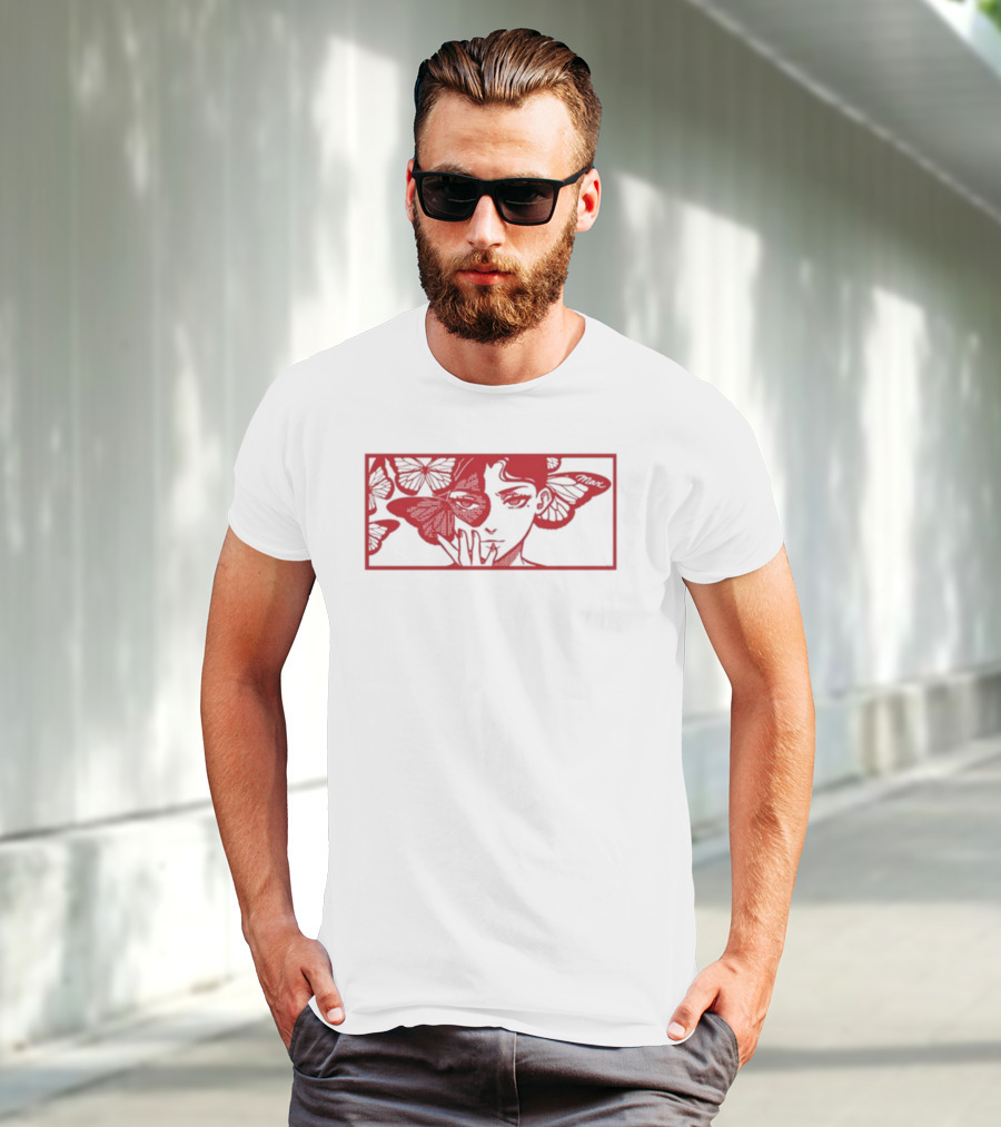 Maxmusic Enigmatic Red Butterflies And Woman In Rectangular Frame T-Shirt