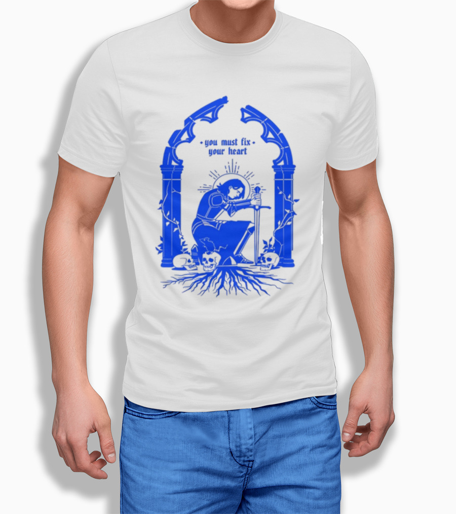 You Must Fix Your Heart Kneeling Skeleton With Sword And Skull Gothic Arch T-Shirt