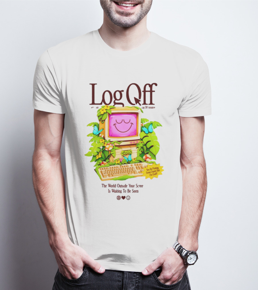 Log Off The World Outside Your Screen Is Waiting To Be Seen Vintage Computer Jungle Aesthetic T-Shirt