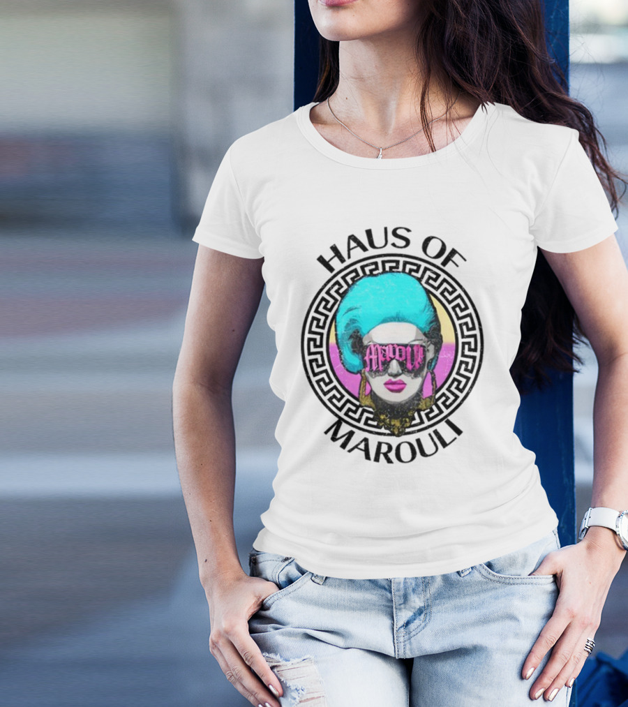 HAUS OF MAROULI Neon Glam Icon With Greek Key Border T-Shirt