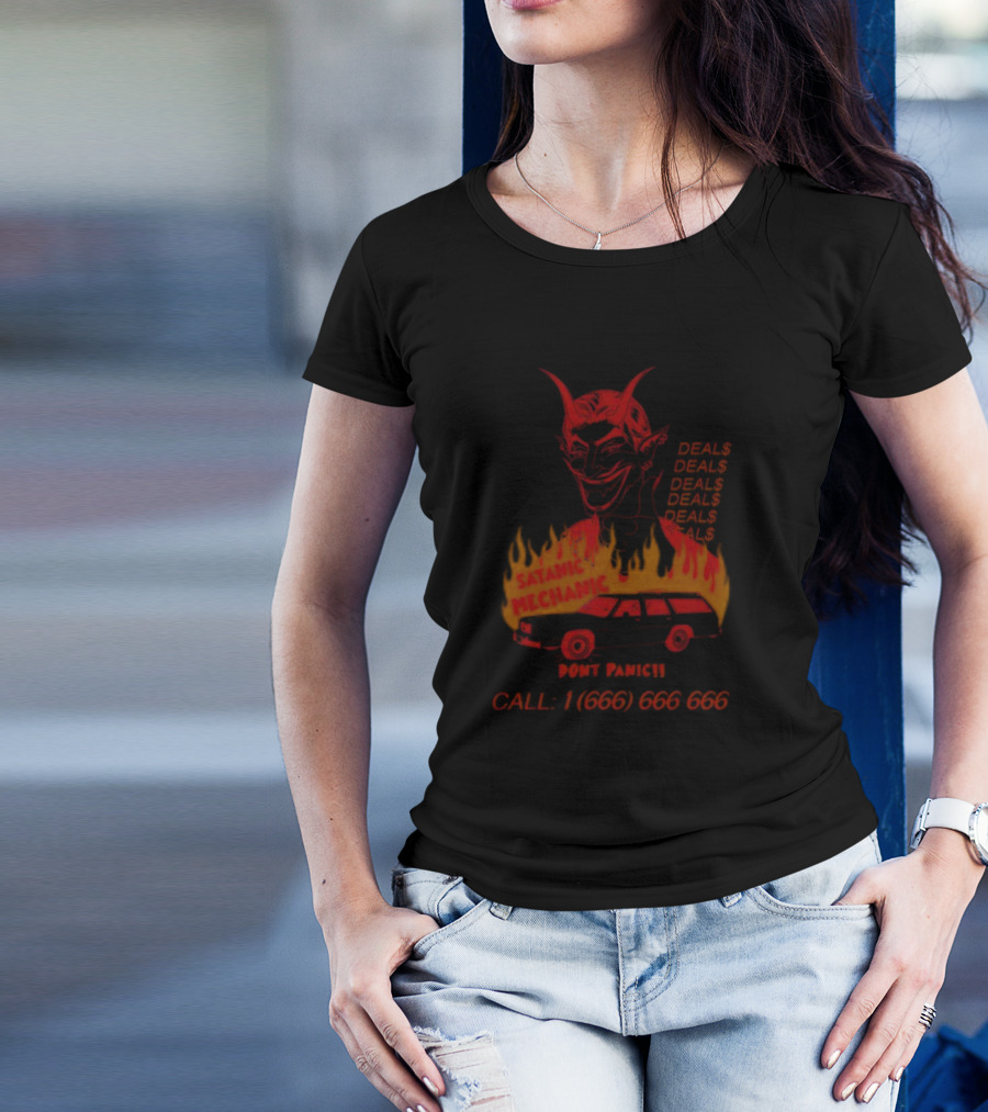 Satanic Mechanic Devil Deals Don't Panic Call 1 (666) 666 666 T-Shirt