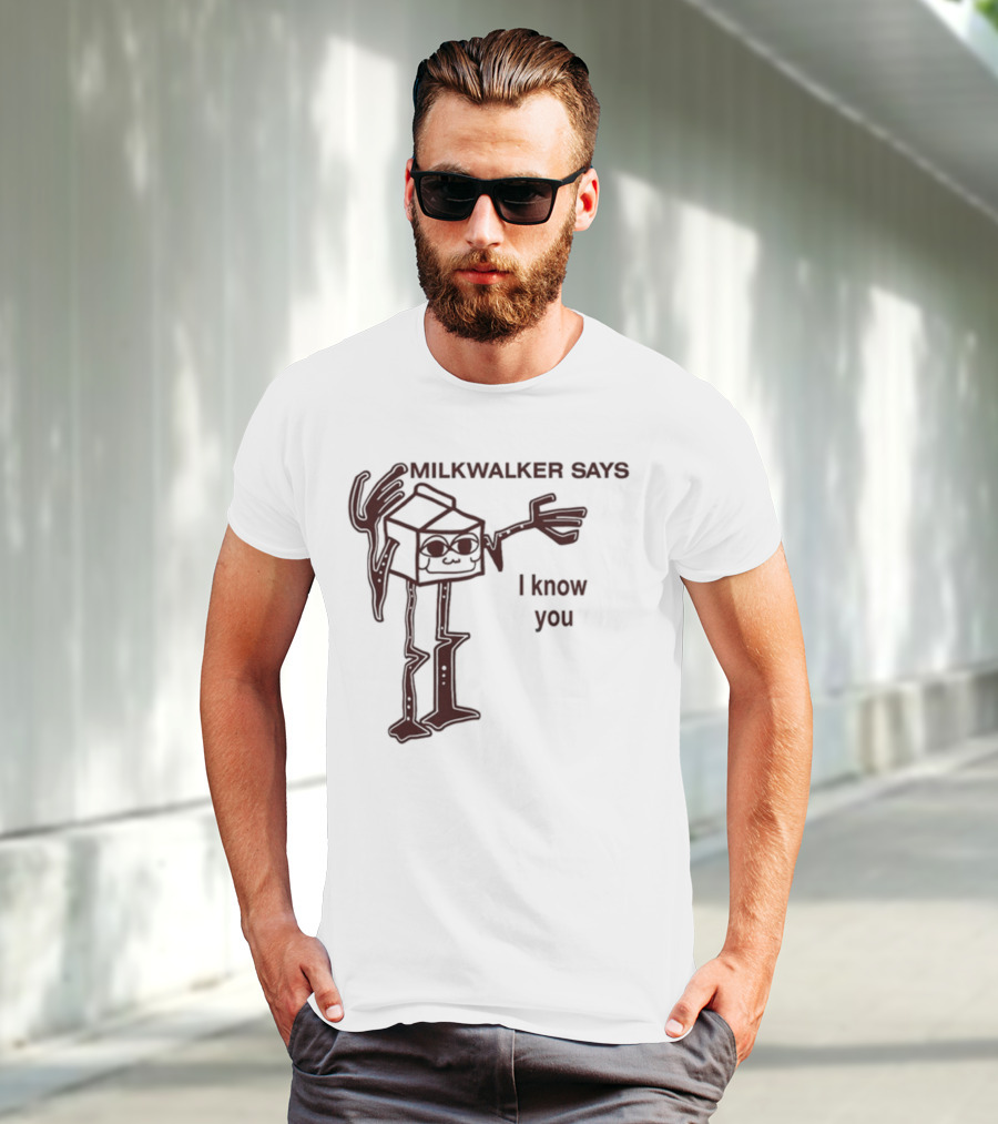 MILKWALKER SAYS I KNOW YOU Creepy Tall Cartoon Character Box Milk T-Shirt