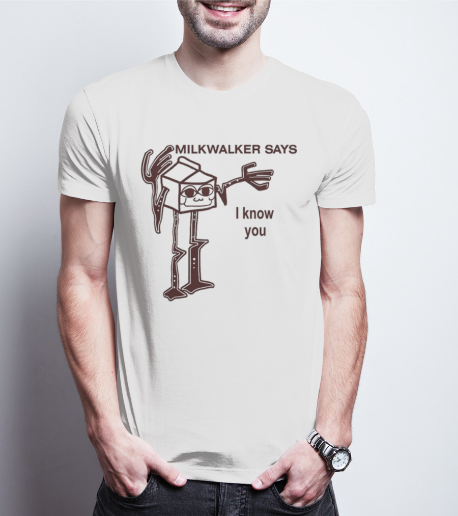 MILKWALKER SAYS I KNOW YOU Creepy Tall Cartoon Character Box Milk T-Shirt