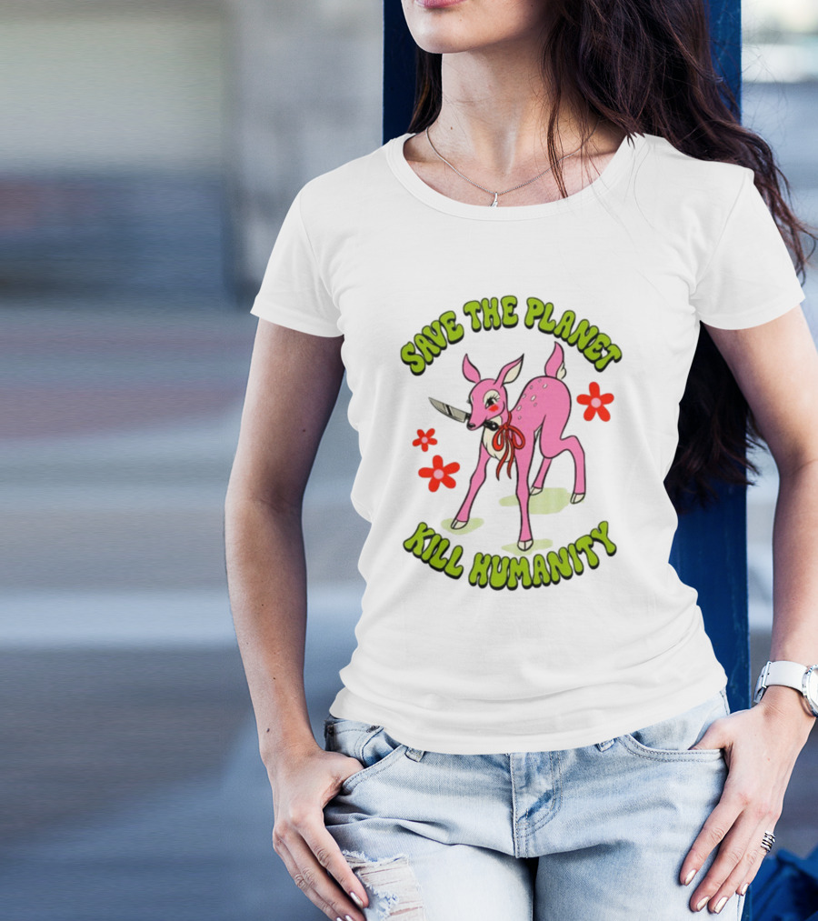 Tragicgirlsco Save The Planet Kill Humanity Pink Deer Floral T-Shirt