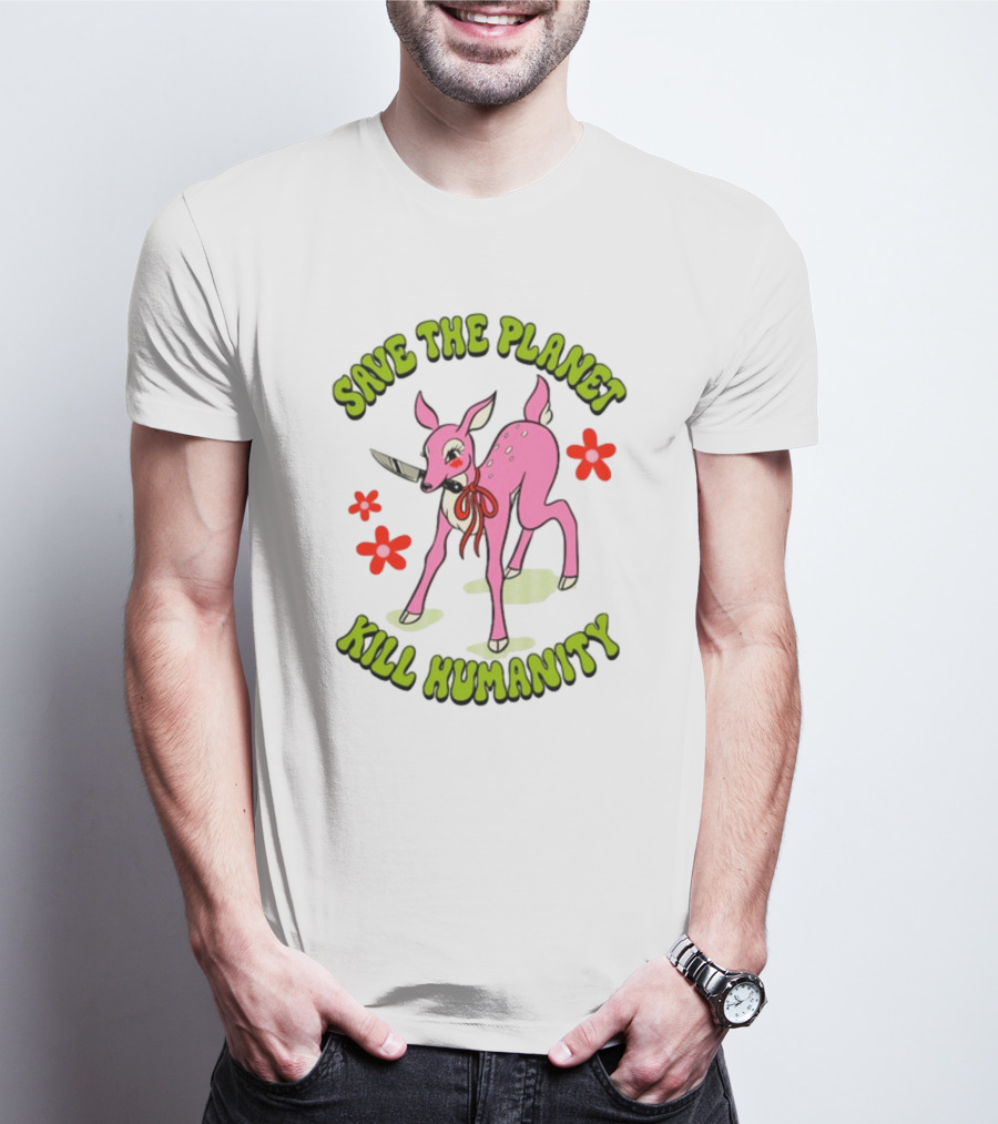 Tragicgirlsco Save The Planet Kill Humanity Pink Deer Floral T-Shirt