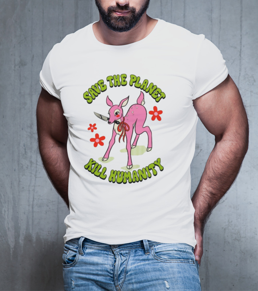 Tragicgirlsco Save The Planet Kill Humanity Pink Deer Floral T-Shirt