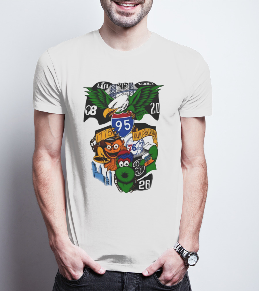 Philadelphia 215 Eagles 76ers 95 Gritty Fanatic 1776 98 26 20 Skyline LIII T-Shirt