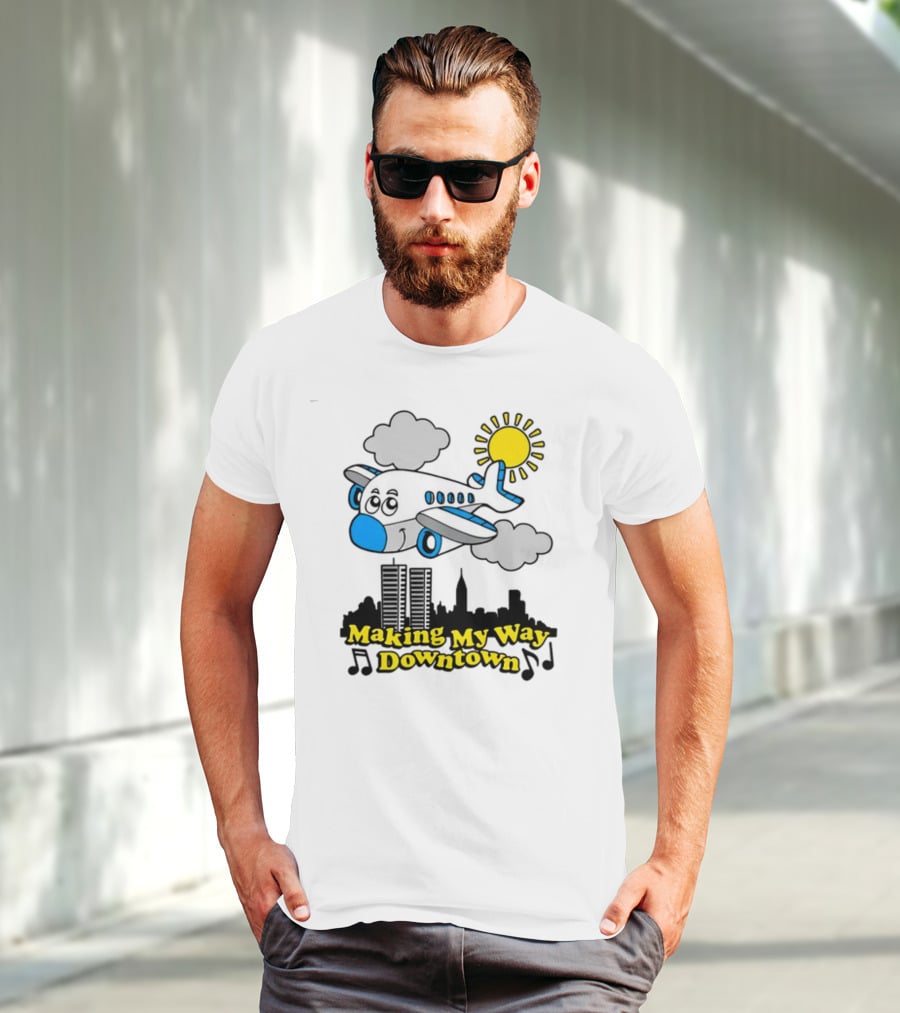 Making My Way Downtown Airplane City Skyline Sun Cloud Notes T-Shirt