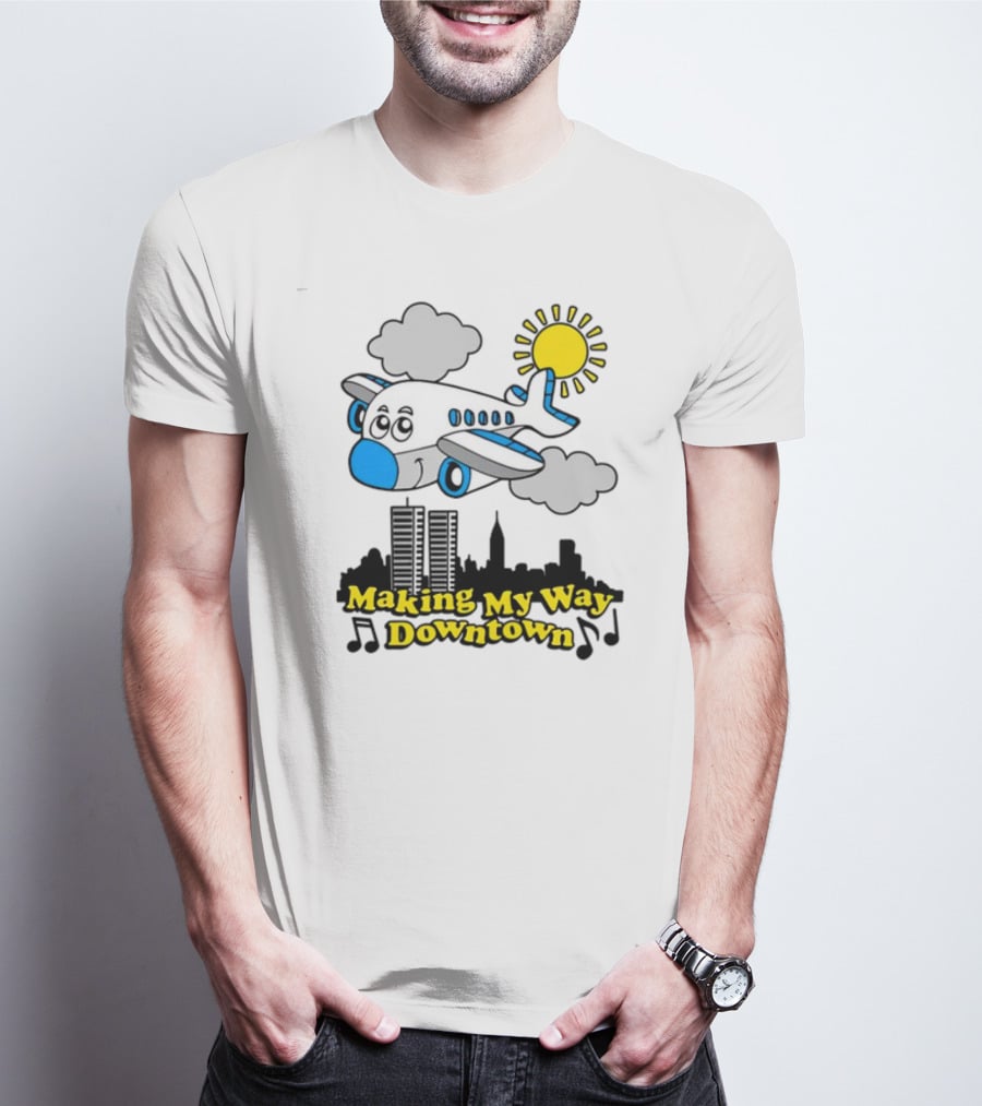 Making My Way Downtown Airplane City Skyline Sun Cloud Notes T-Shirt