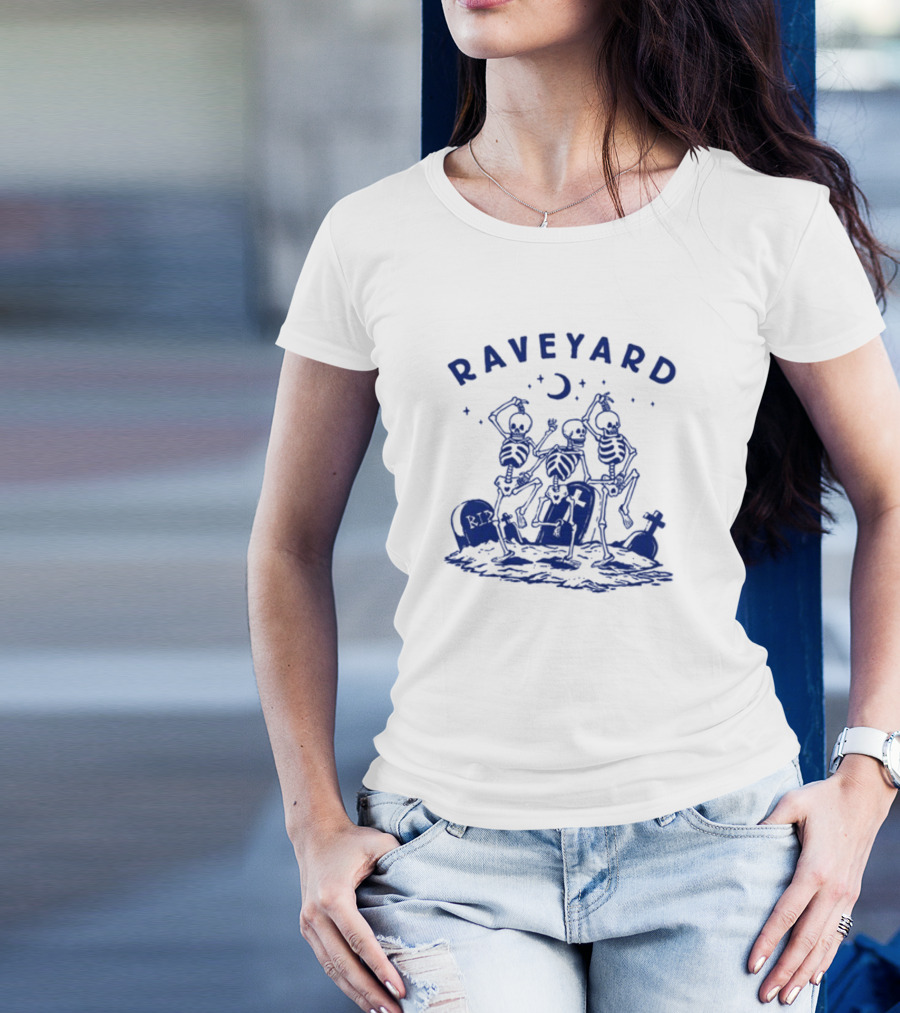 Raveyard Skeleton Dance Under Moon With Tombstones T-Shirt