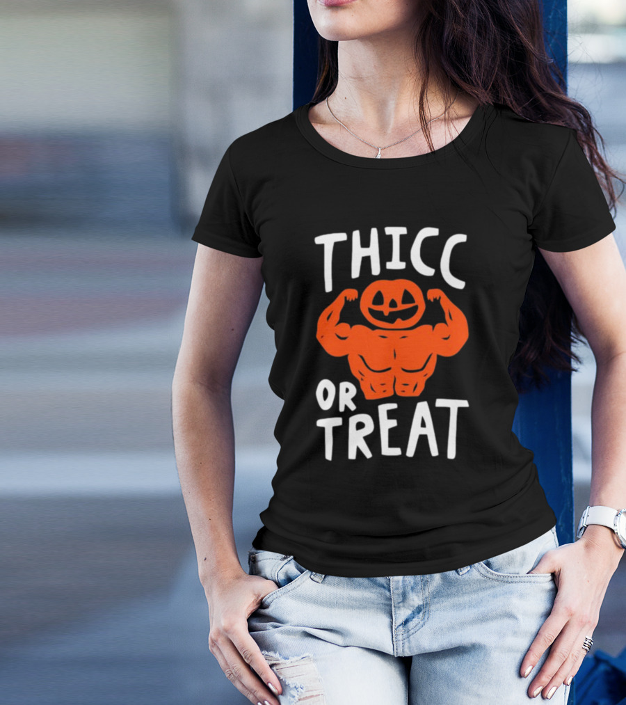 Thicc Or Treats Pumpkin Flexing Muscles T-Shirt