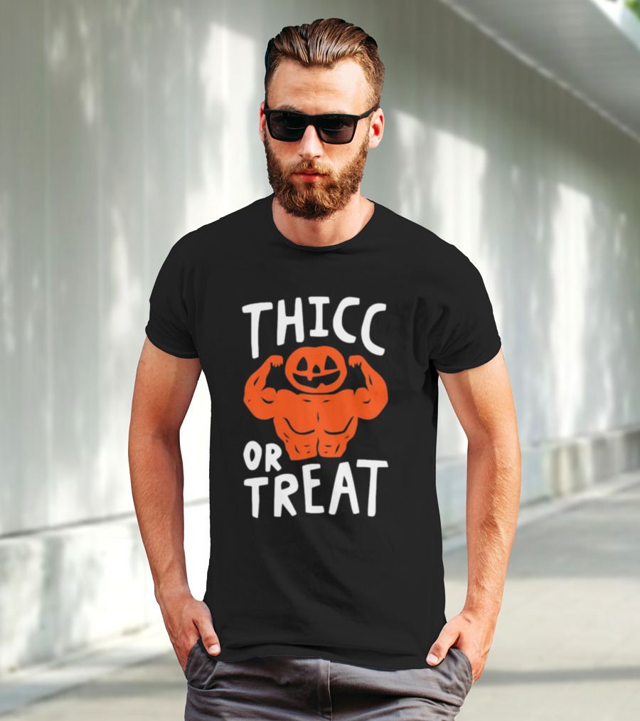 Thicc Or Treats Pumpkin Flexing Muscles T-Shirt