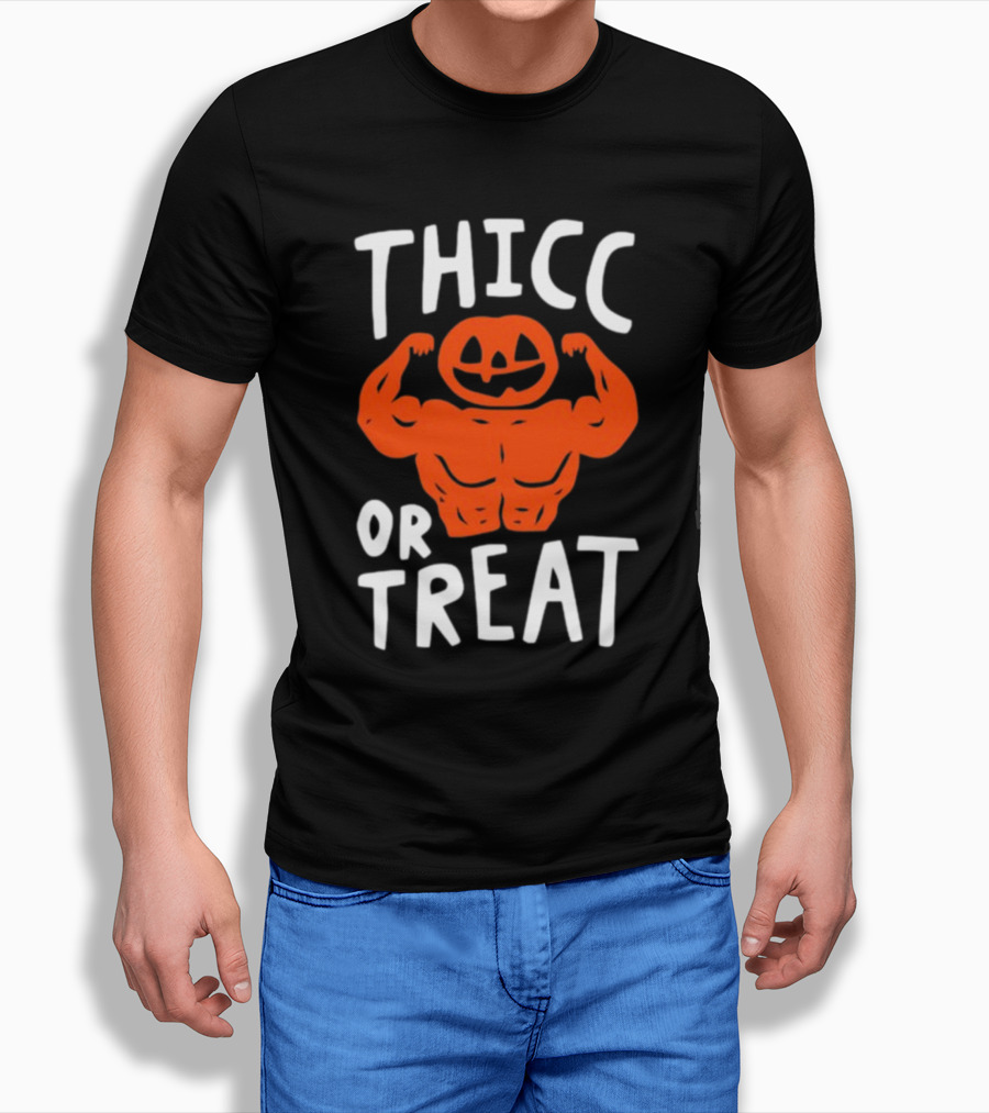 Thicc Or Treats Pumpkin Flexing Muscles T-Shirt