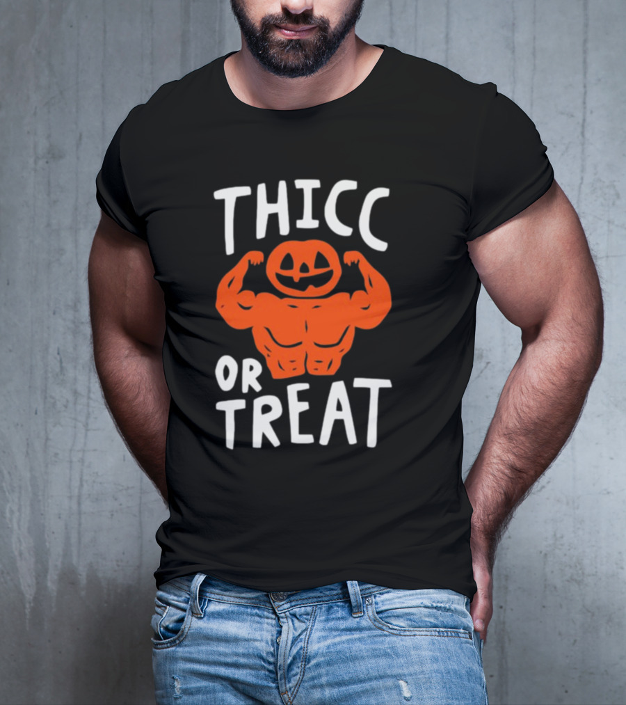 Thicc Or Treats Pumpkin Flexing Muscles T-Shirt
