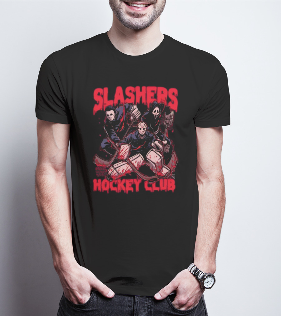 Slashers Hockey Club Horror Icons With Masks And Sticks T-Shirt