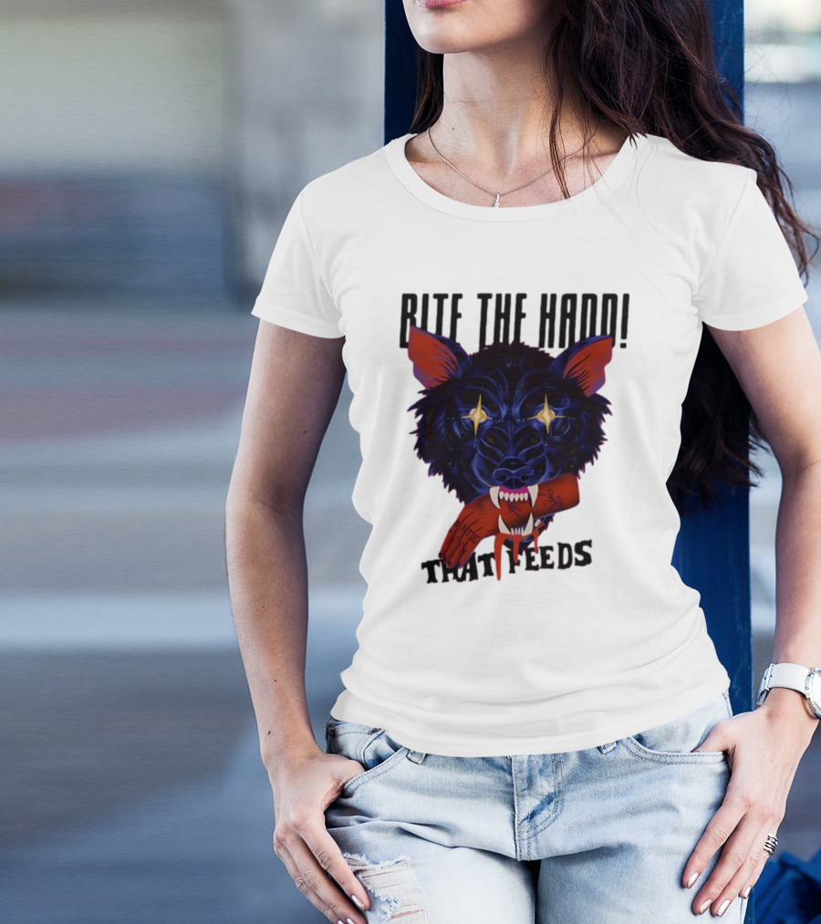 Galactixy Bite The Hand That Feeds Wolf With Glowing Eyes Holding Severed Hand T-Shirt