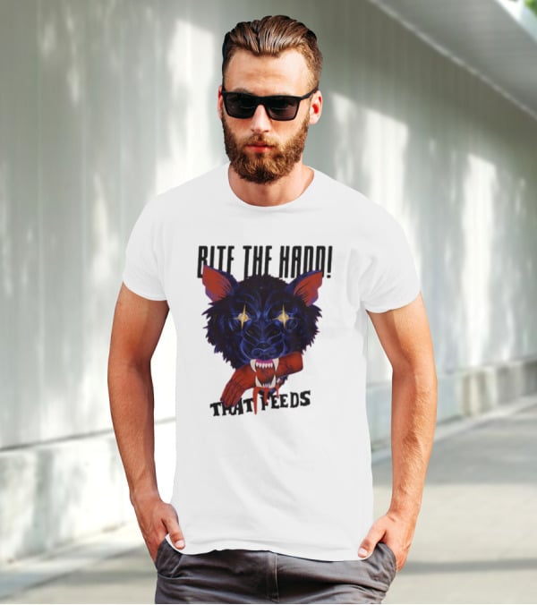 Galactixy Bite The Hand That Feeds Wolf With Glowing Eyes Holding Severed Hand T-Shirt