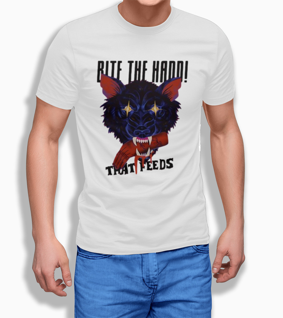 Galactixy Bite The Hand That Feeds Wolf With Glowing Eyes Holding Severed Hand T-Shirt