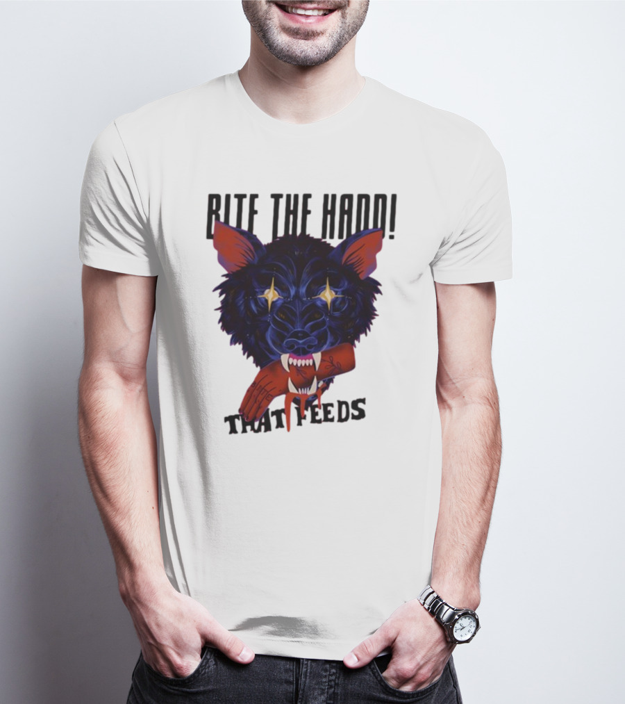 Galactixy Bite The Hand That Feeds Wolf With Glowing Eyes Holding Severed Hand T-Shirt