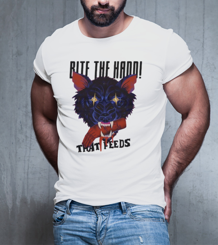 Galactixy Bite The Hand That Feeds Wolf With Glowing Eyes Holding Severed Hand T-Shirt