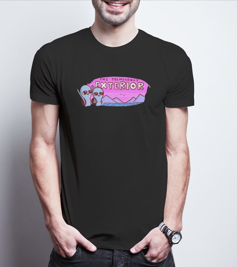 Strange Planet The Tremendous Exterior Alien Characters With Mountains And Pink Sky Scene T-Shirt