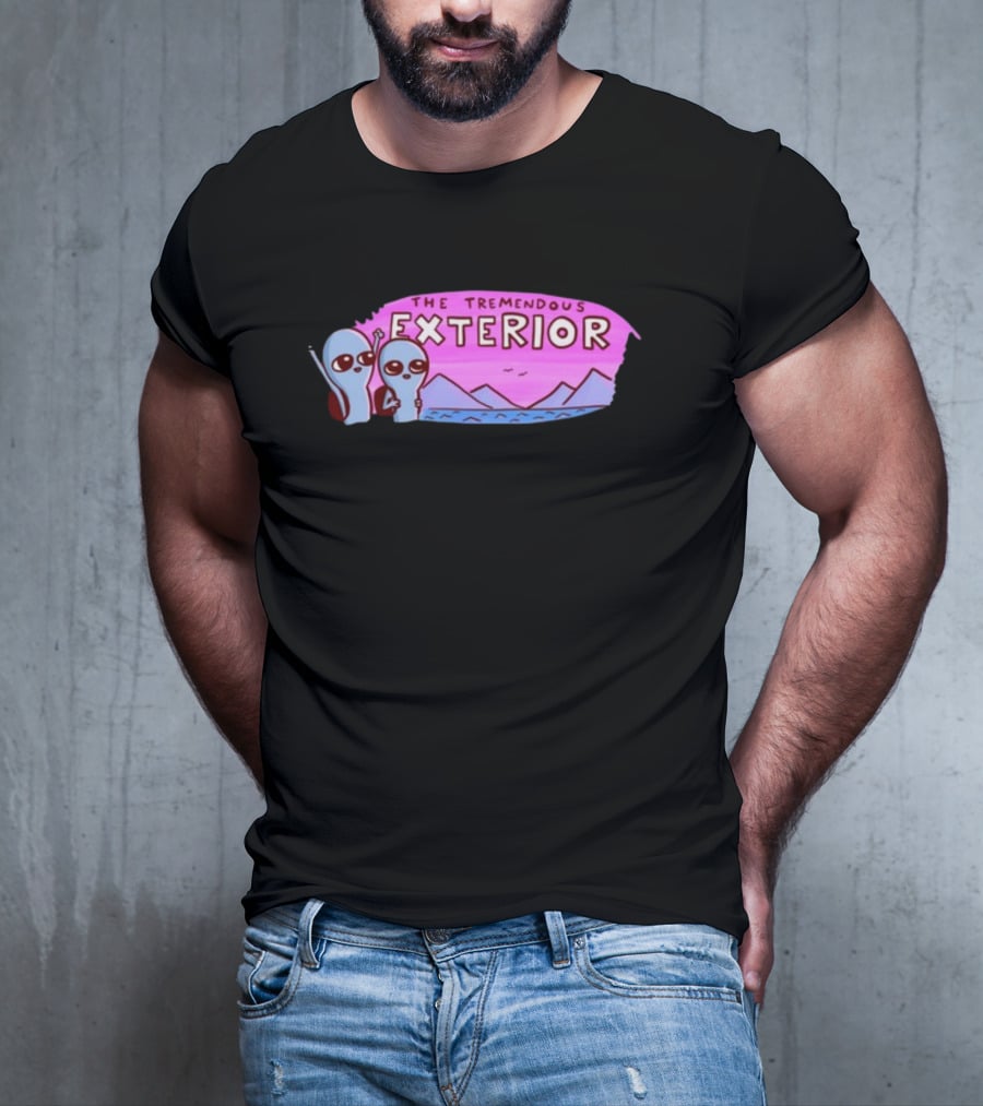 Strange Planet The Tremendous Exterior Alien Characters With Mountains And Pink Sky Scene T-Shirt
