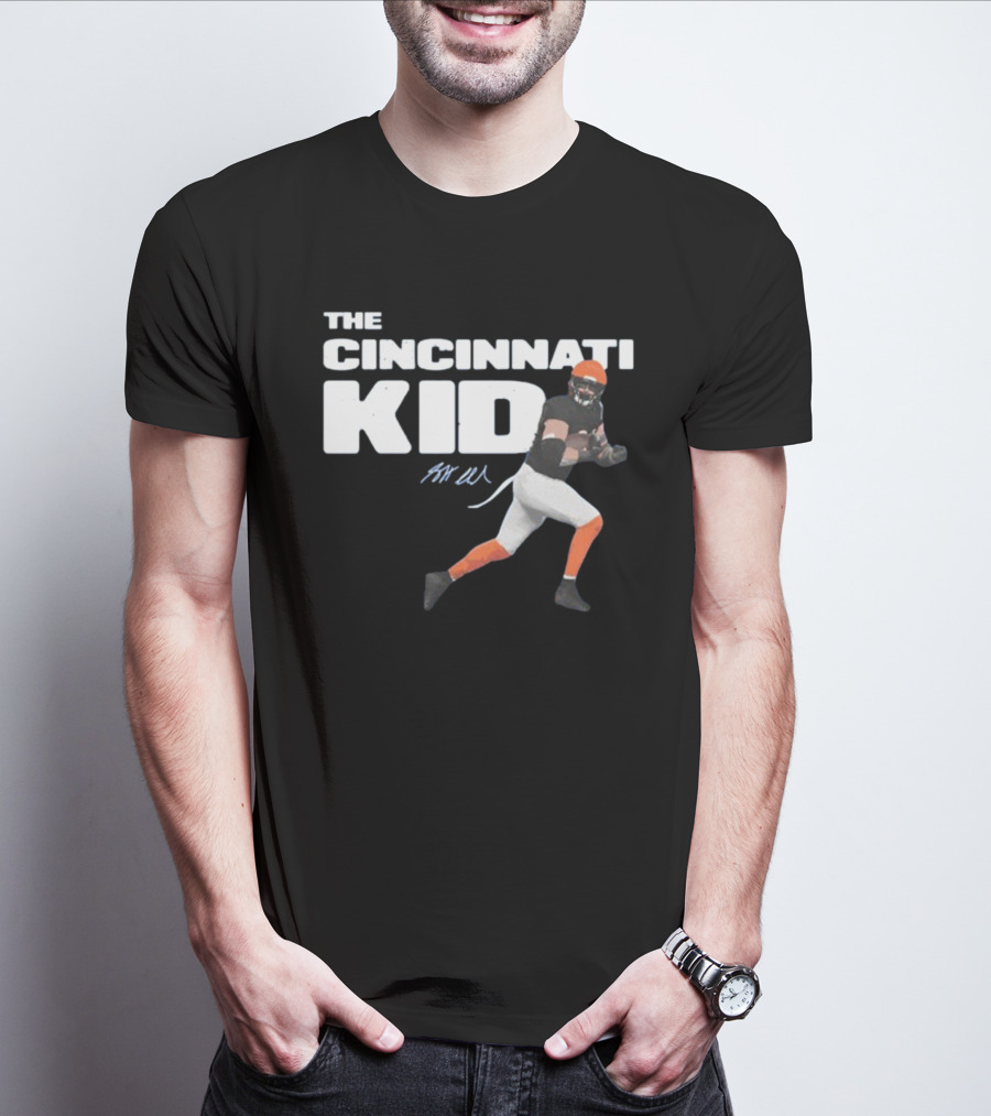 The Cincinnati Kid Football Player Graphic With Signature In Orange And Black T-Shirt