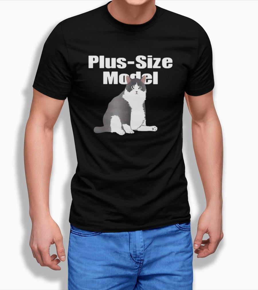 Plus-Size Model Cade Cat White Text Black Background Sitting Gray And White Cat Image T-Shirt