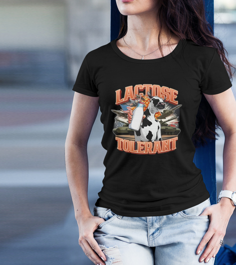 Lactose Tolerant Cow Holding Milk With Explosive Flags And Tanks T-Shirt