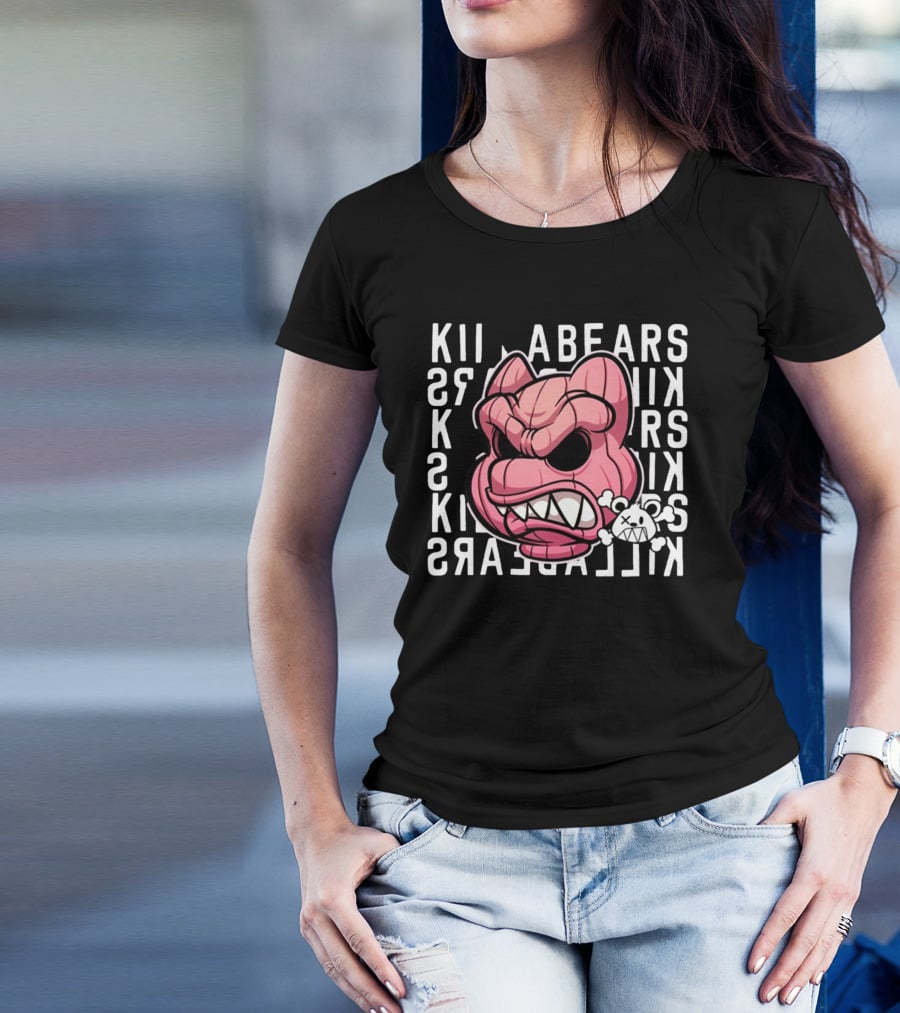 Killabears Angry Pink Bear With Skull And Bones T-Shirt