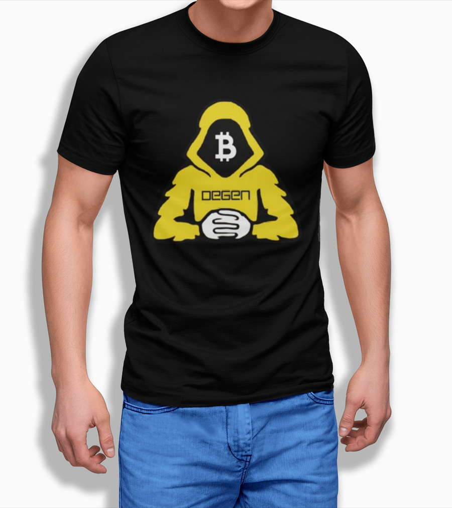 Bitcoin Degen Hooded Figure With Bitcoin Logo And Folded Hands T-Shirt
