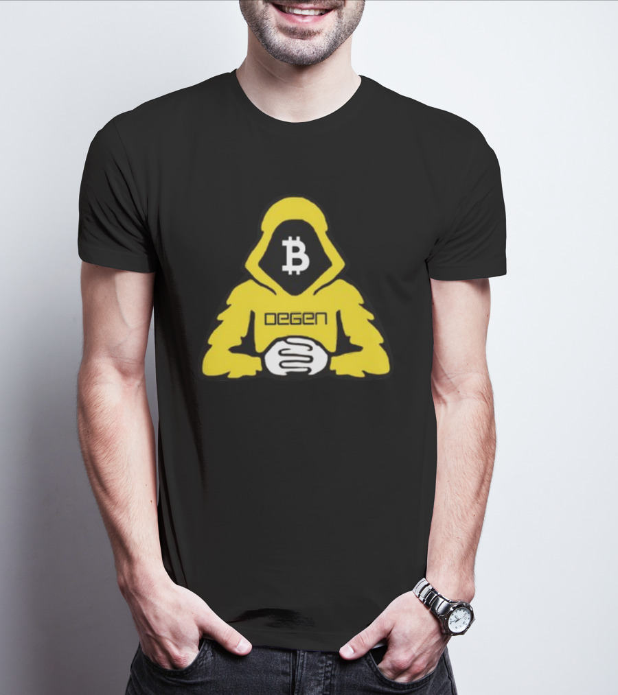 Bitcoin Degen Hooded Figure With Bitcoin Logo And Folded Hands T-Shirt