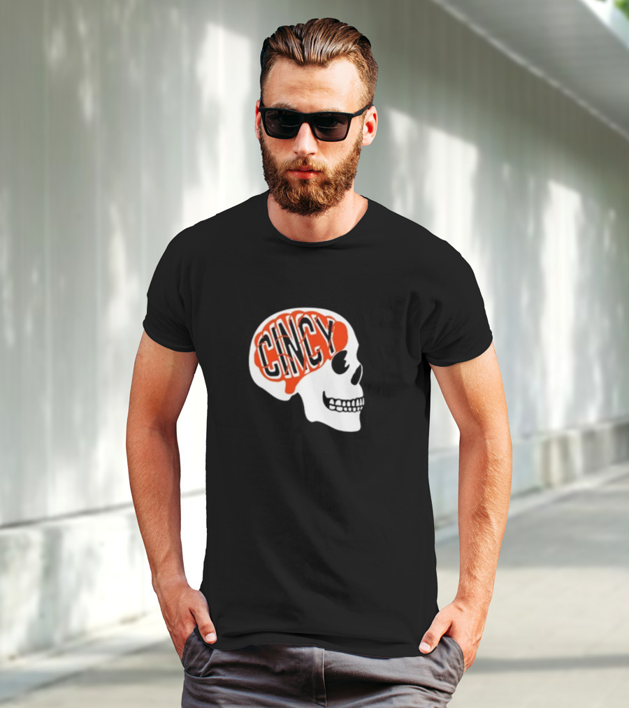 Cincy On The Brain Football Helmet Skull T-Shirt
