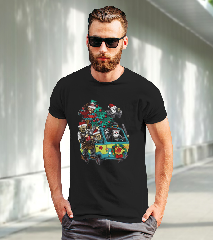 Horror Movie Characters In Christmas Santa Hats With Tree On Fun Van T-Shirt